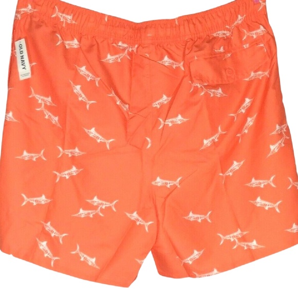 🖤 Old Navy Men Swim Trunks Size XXL Orange White Sharks Pockets Draw String NWT - Picture 4 of 9